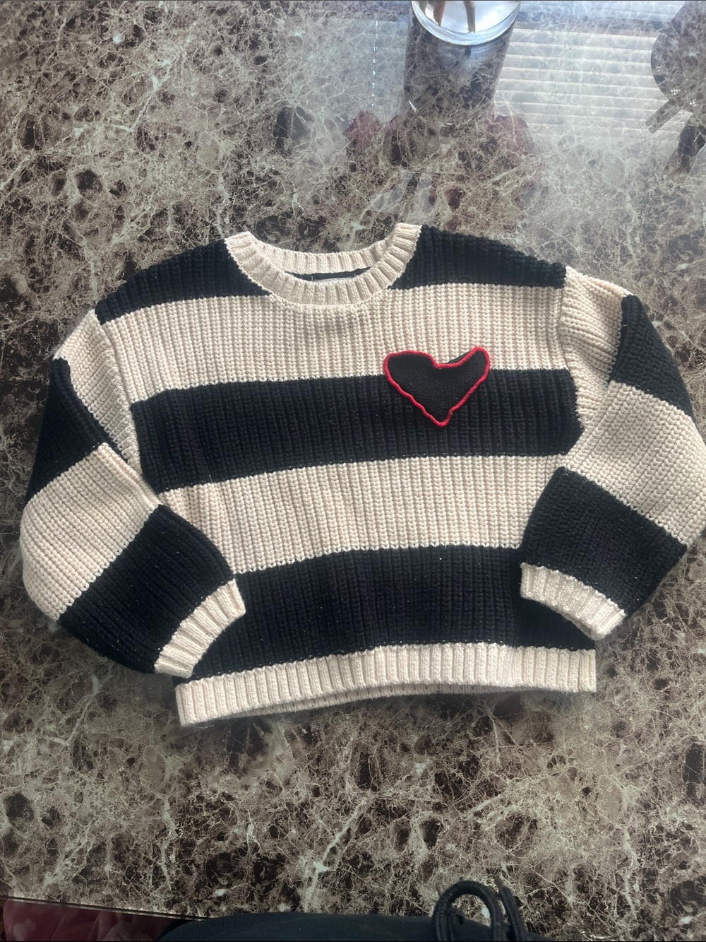 Zara Black and Cream Striped Sweater with Red Heart Patch